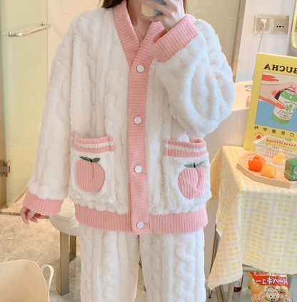 Cozy Knitted Fleece Pyjamas Set (Strawberry/Peach)