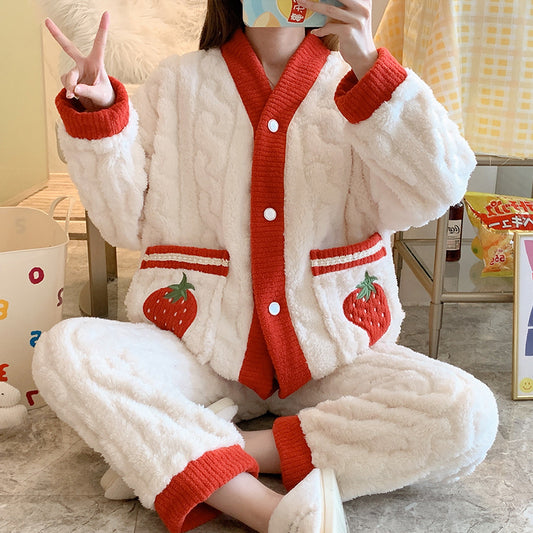 Cozy Knitted Fleece Pyjamas Set (Strawberry/Peach)