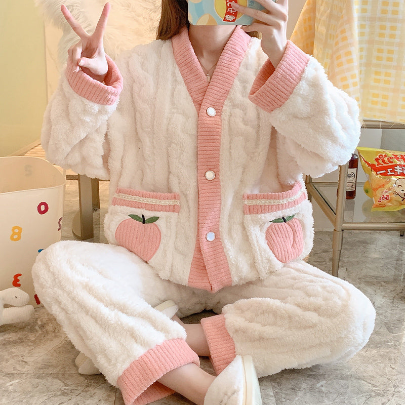 Cozy Knitted Fleece Pyjamas Set (Strawberry/Peach)